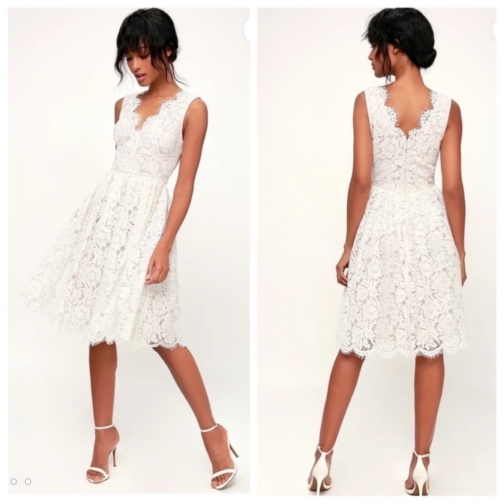 Lulus Cream White Lace Dress Midi Sleeveless V-Neck Bridal Wedding Love Swept Sm